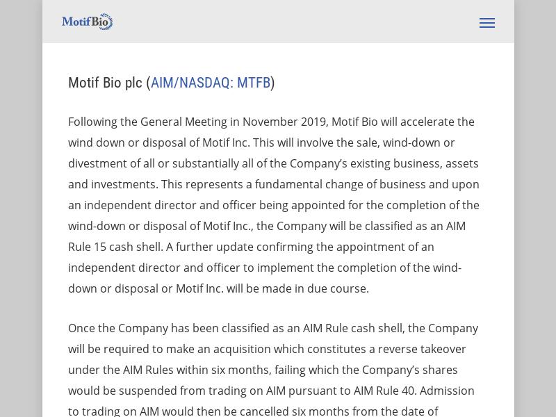 A Day Up For Motif Bio plc