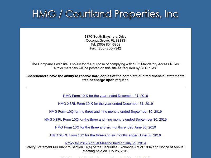 HMG/Courtland Properties, Inc. Recorded Big Gain